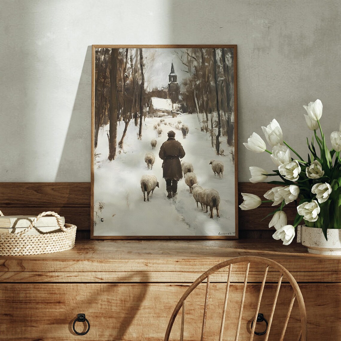 Shepherd Leading Sheep Through Snowy Village Toward Church Winter Art Poster - Image 3