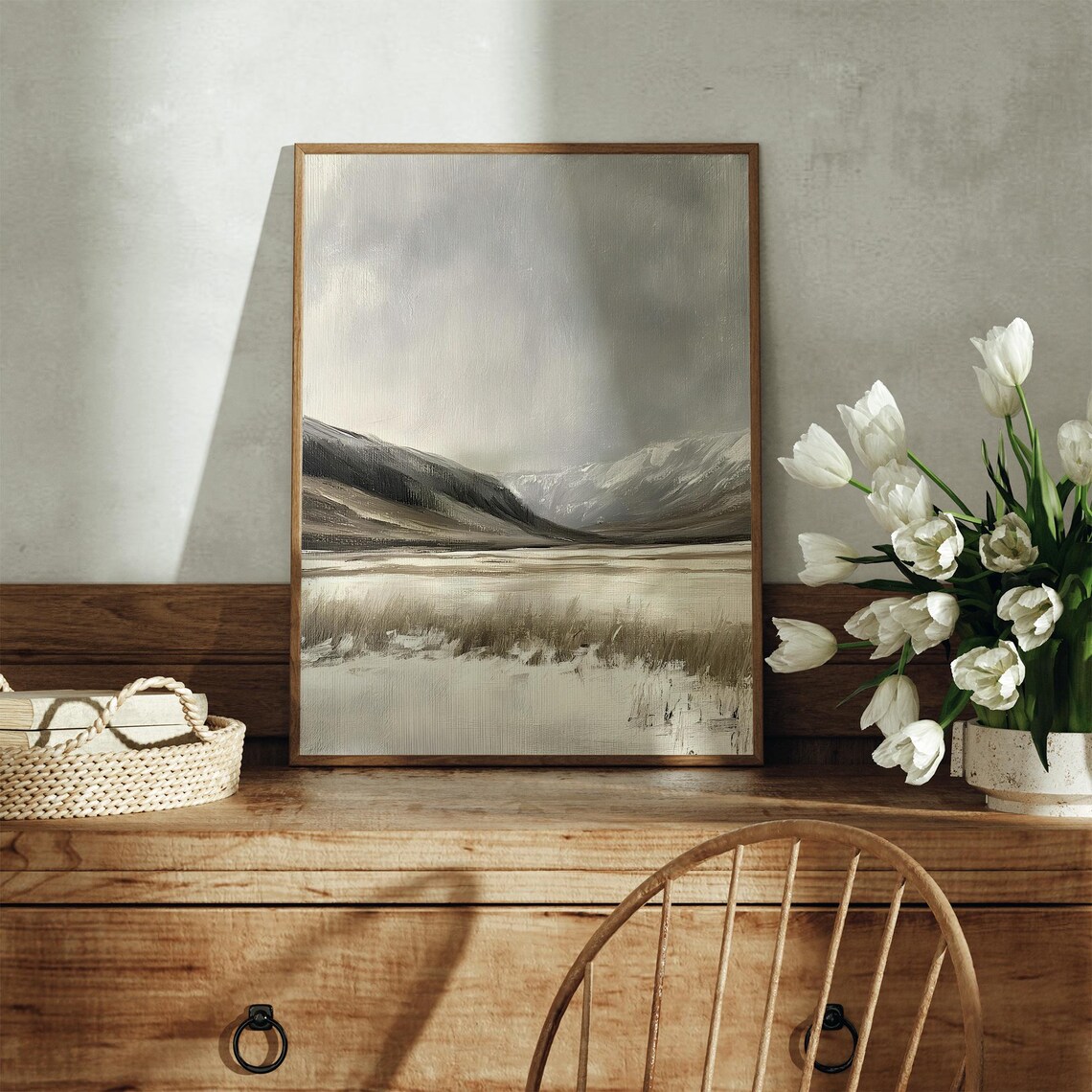 Muted Gray Winter Mountains Over Frozen Lake Abstract Tonal Landscape Poster - Image 3