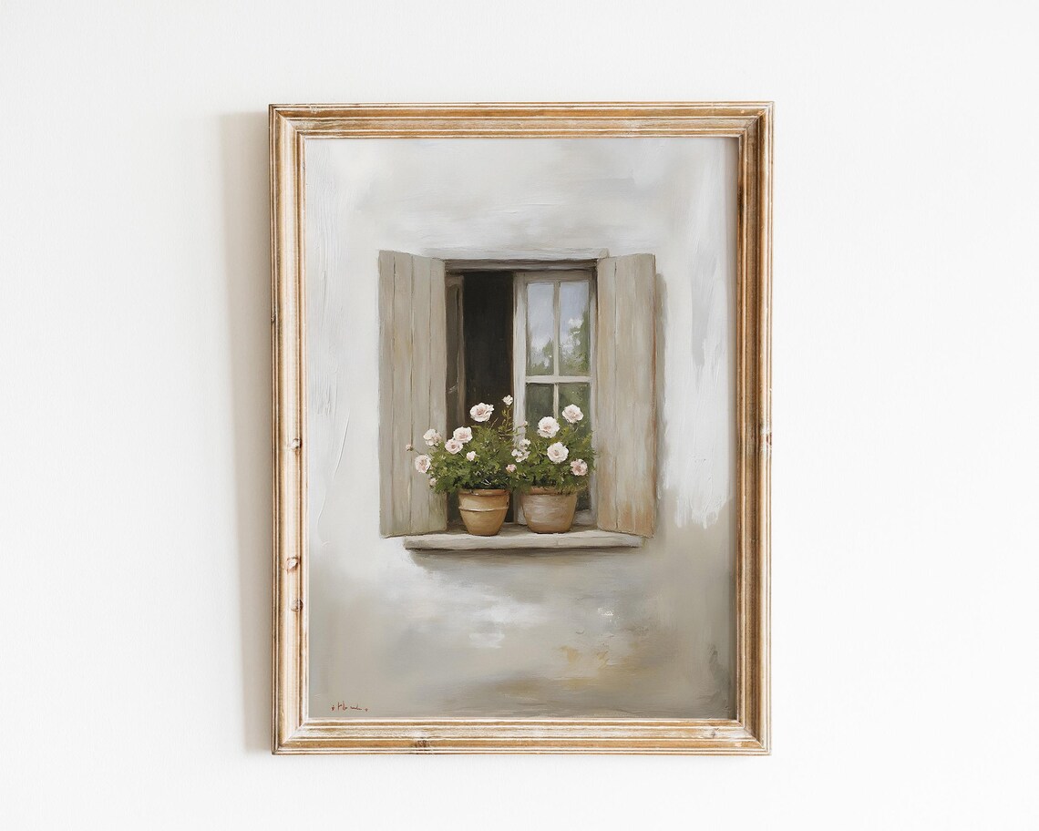 Shuttered Window With Potted Flowers On Sill Soft Neutral Spring Art Poster