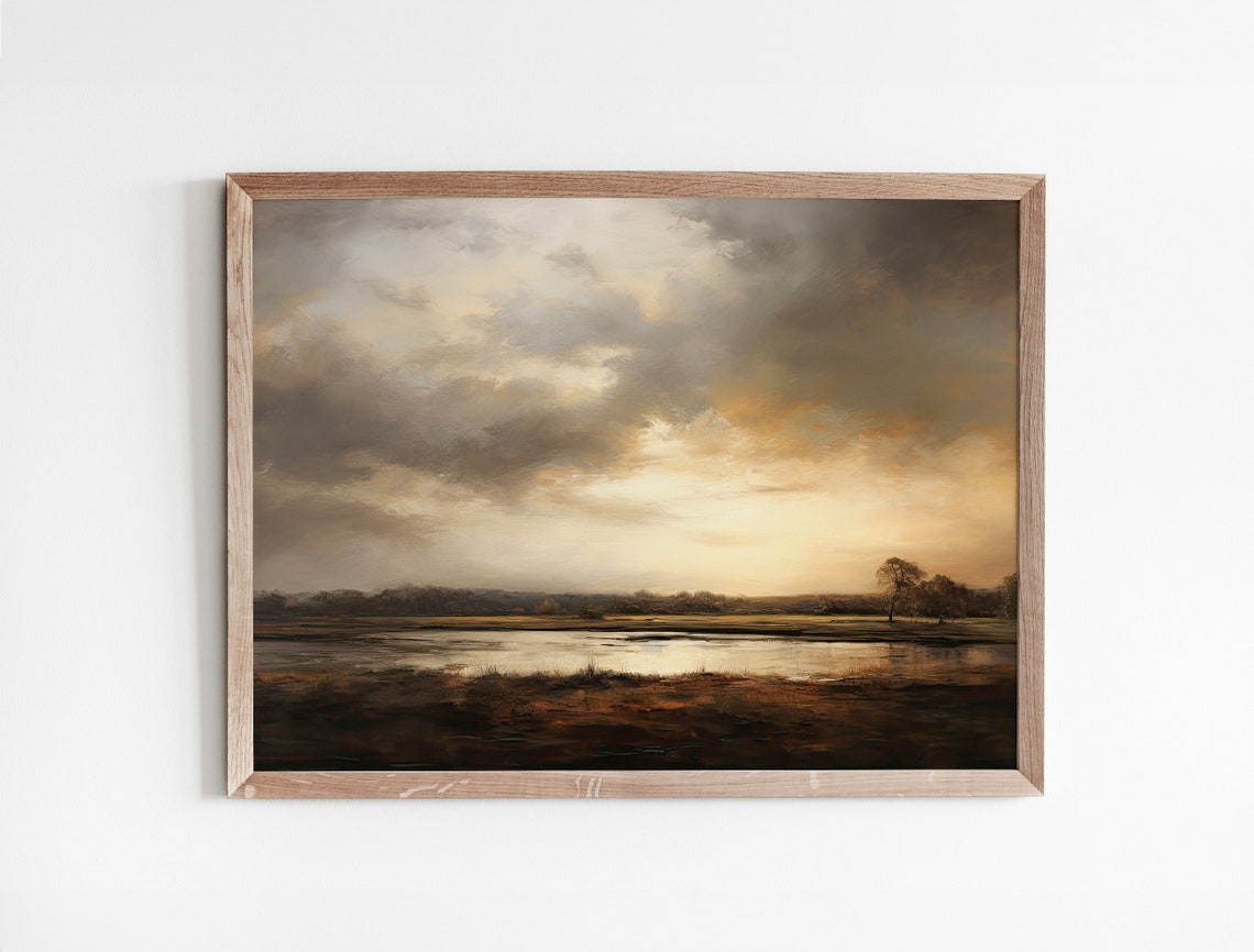 Moody Dark Stormy Lake Landscape Painting With Lone Tree Poster - Image 3