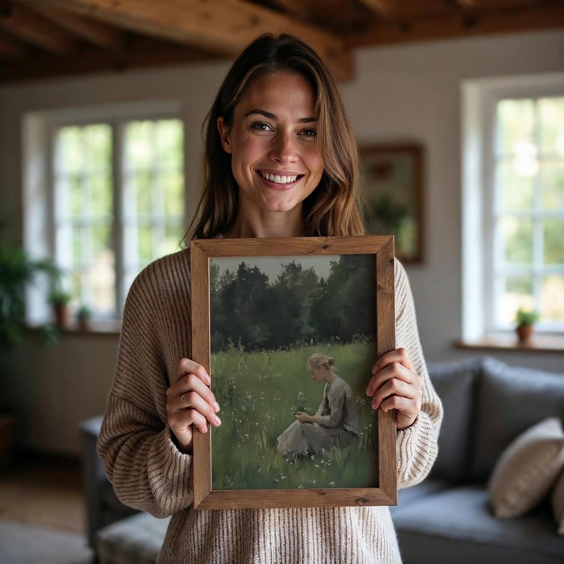 Woman Picking Flowers Meadow Green Field Dark Forest Edge Oil Poster - Image 5