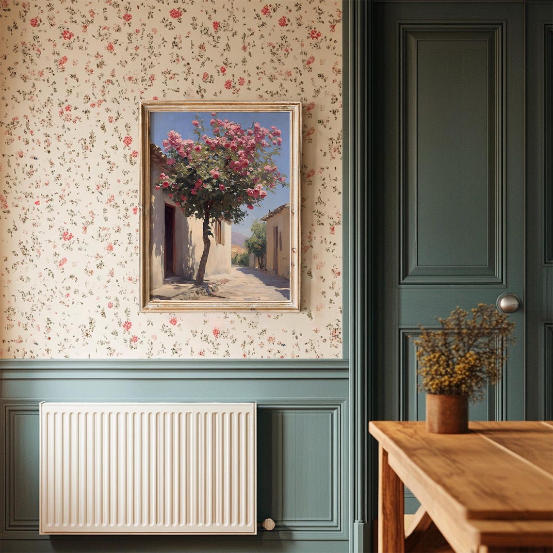 Blooming Rose Tree Mediterranean Street Sunlit Village Scene Poster - Image 3