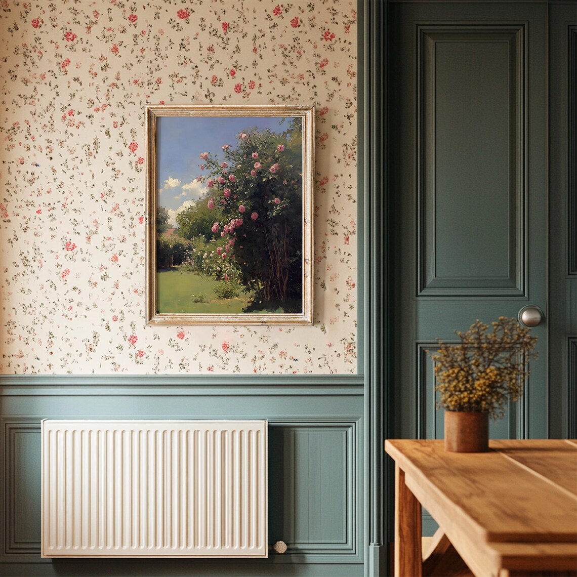 Vintage Rose Garden Painting, Flowering Tree Art - Image 3