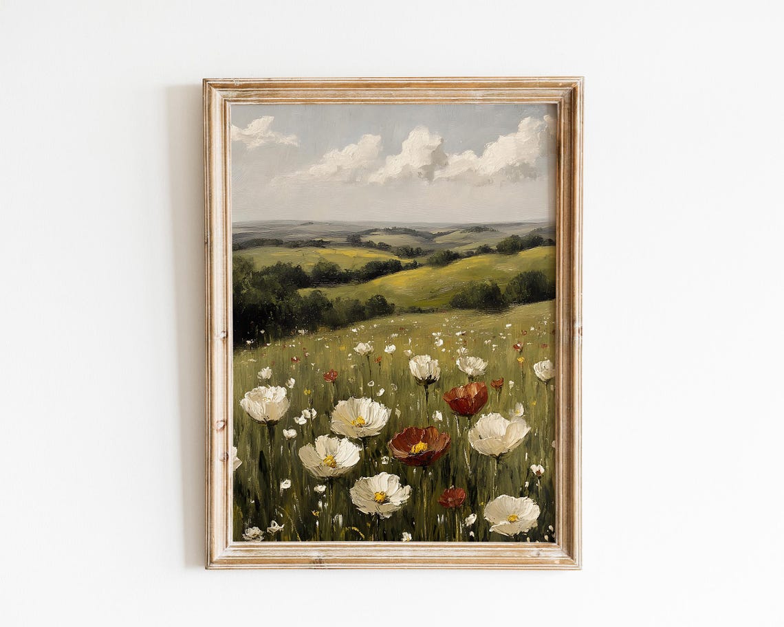 White And Red Poppies Over Rolling Green Hills Vintage Field Poster