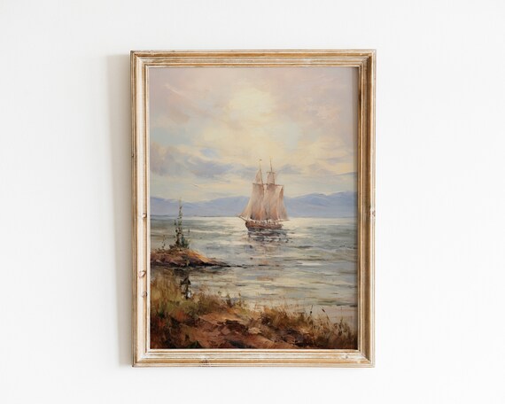 Tall Sailboat on Calm Sunlit Water Vintage Maritime Seascape Oil Poster