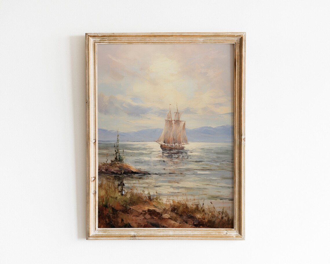 Tall Sailboat on Calm Sunlit Water Vintage Maritime Seascape Oil Poster