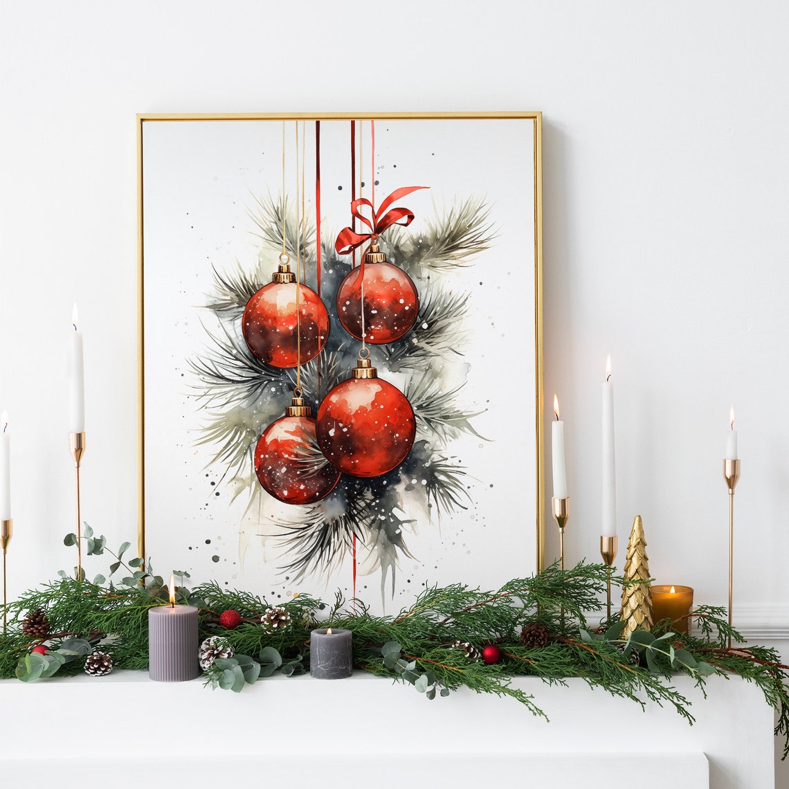 Red Christmas Baubles Watercolor Pine Branch Holiday Still Life Poster - Image 3