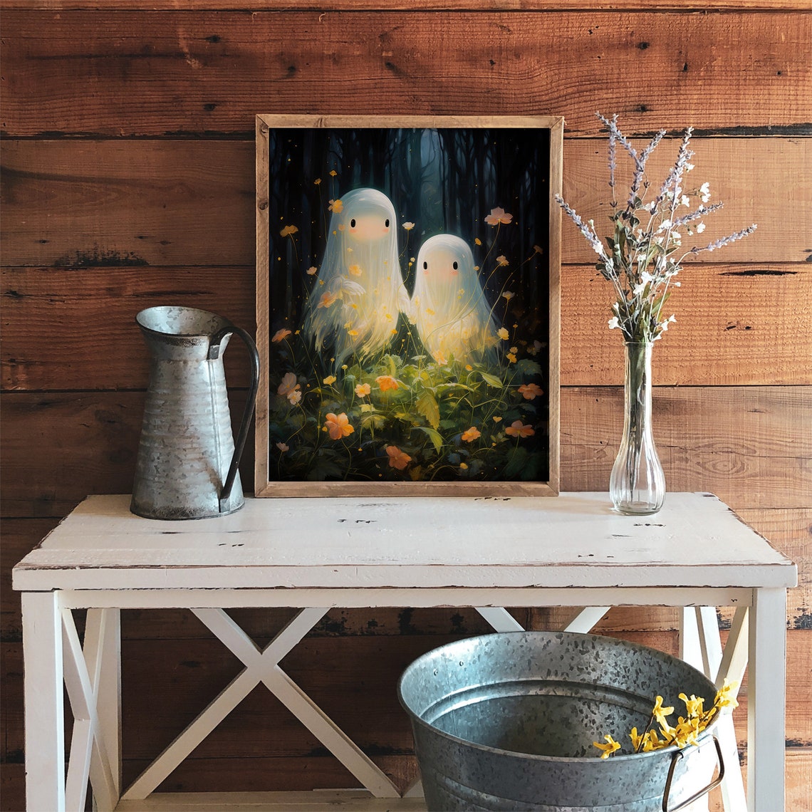 Two Glowing Ghosts In A Dark Mystic Flower Forest Halloween Poster - Image 4