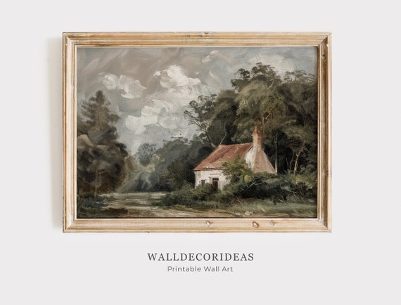 Antique Landscape Painting Vintage Neutral Print Rustic Home Decor Cottage Oil Painting Wall Art