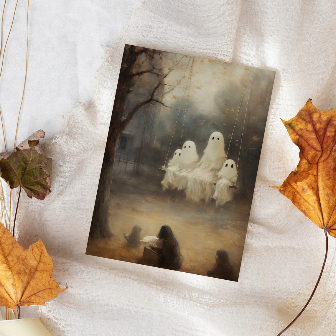 Ghost Family On A Swing In A Misty Autumn Park Halloween Poster - Image 3