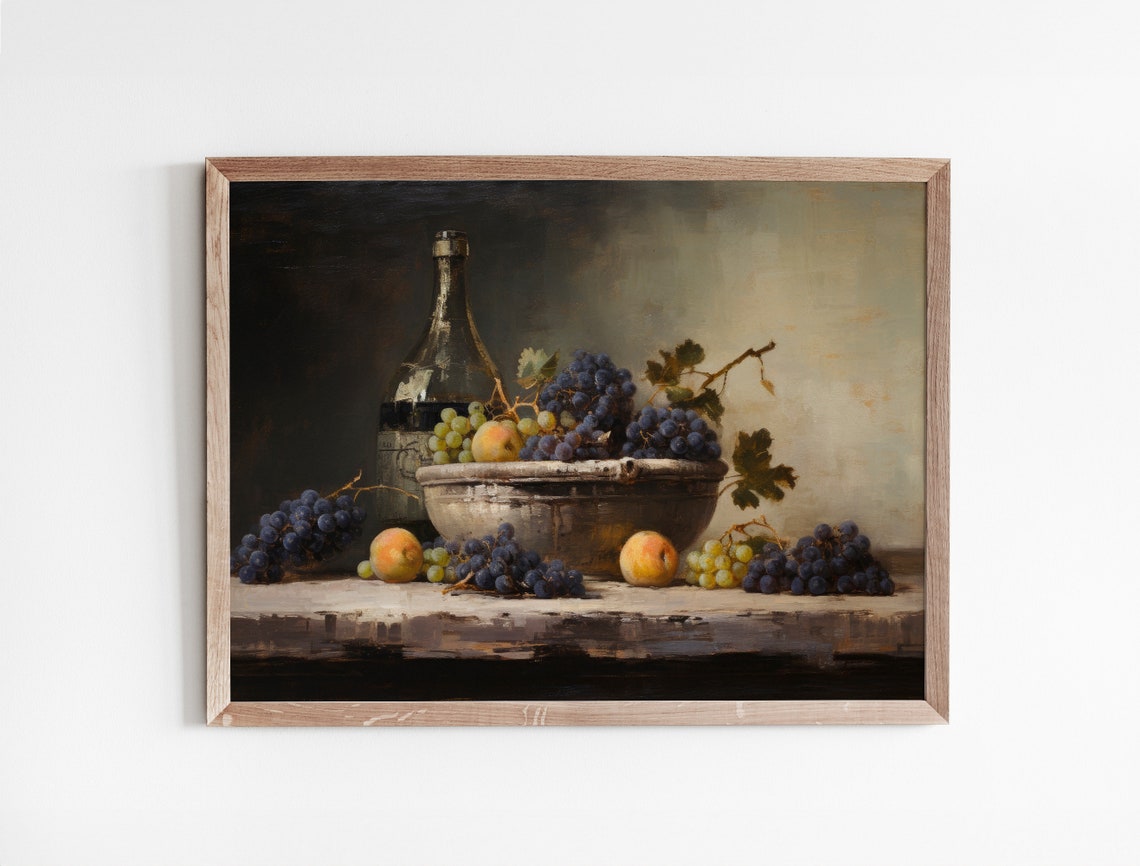 Vintage Still Life Fruit Bowl With Grapes Peaches And Wine Poster - Image 3
