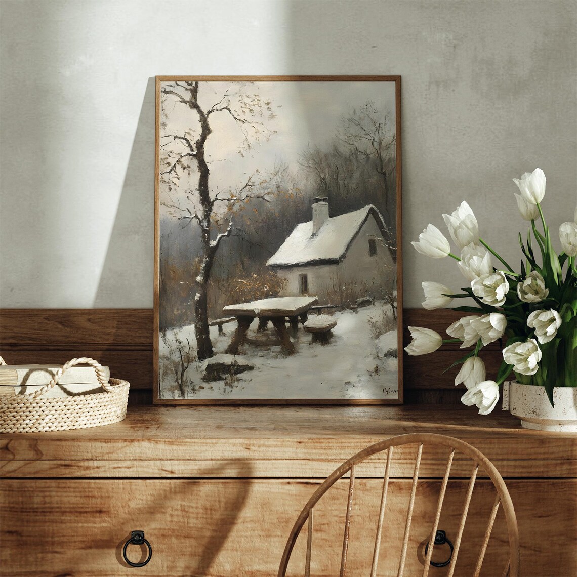 Snow Covered Cottage With Rustic Wooden Table Vintage Winter Landscape Poster - Image 3