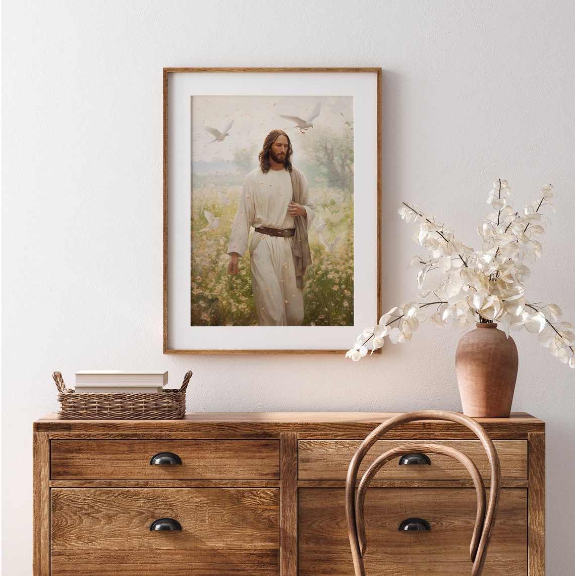 Jesus Christ White Robe Meadow Doves Christian Faith Art Poster - Image 4