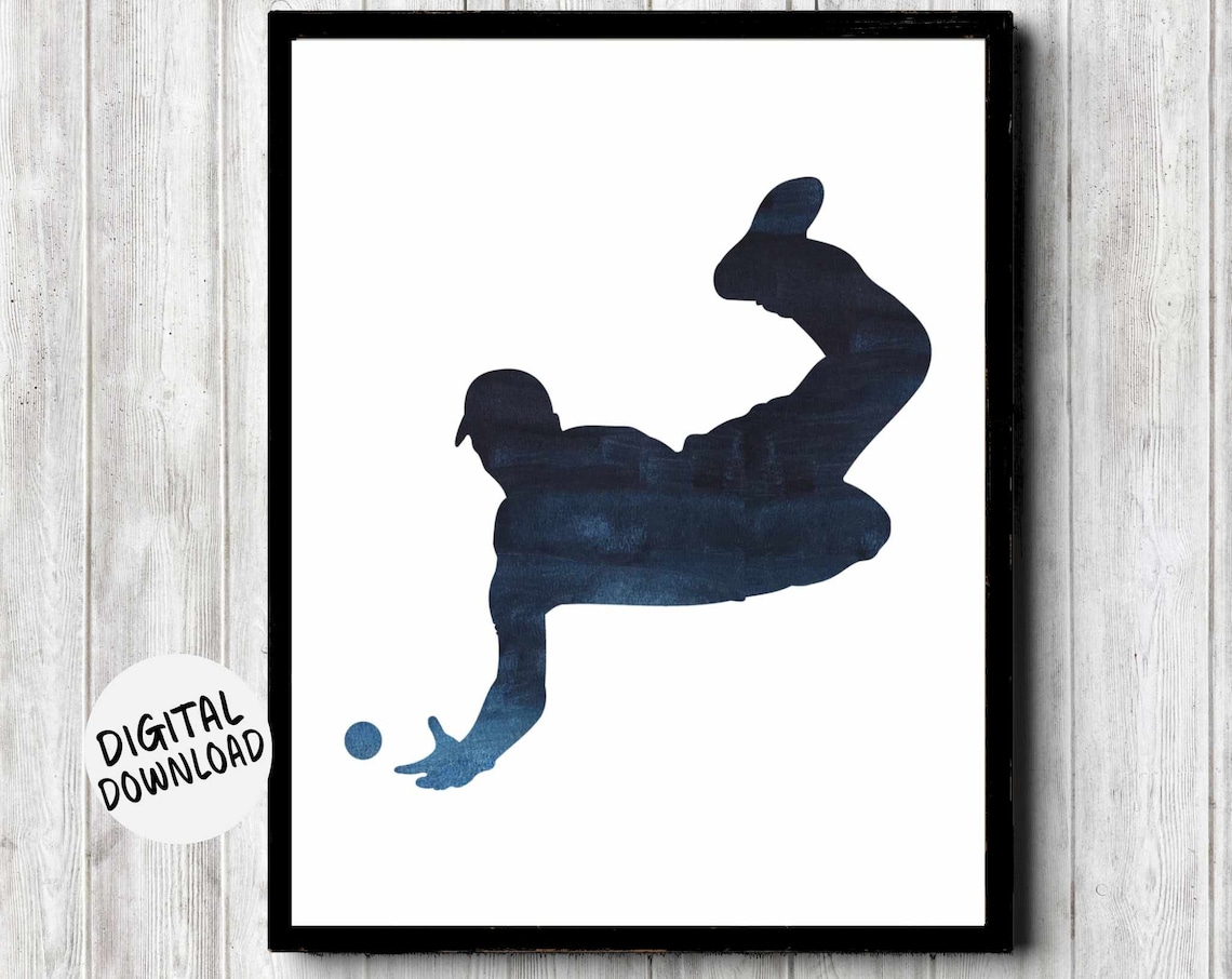 Cricket Fielder Diving Silhouette Navy Blue Boys Room Sports Poster