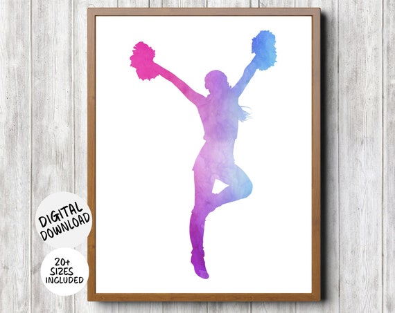 Pink Blue Cheerleader With Pom Poms Dancer Art Watercolor Girls Room Sports Decor Cheer Silhouette Dorm Print For Wall