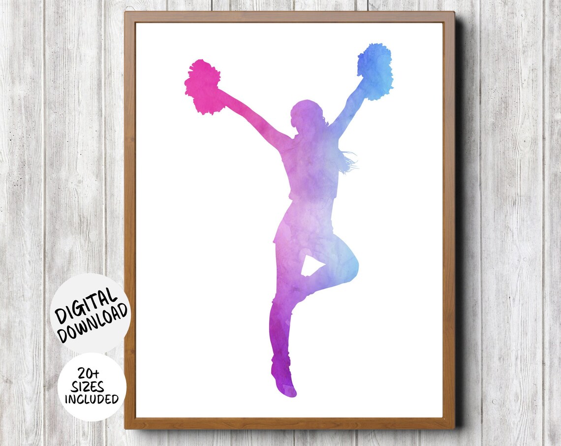 Cheerleader High Kick Pose Pink Purple Blue Watercolor Cheer Team Room Poster