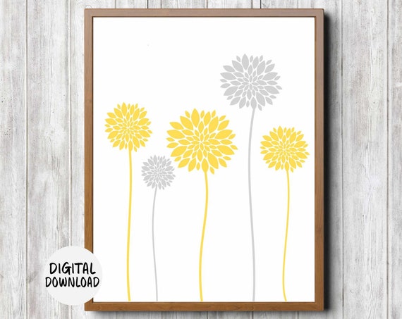 Dahlia Flower Art Print, Yellow Gray Floral Decor