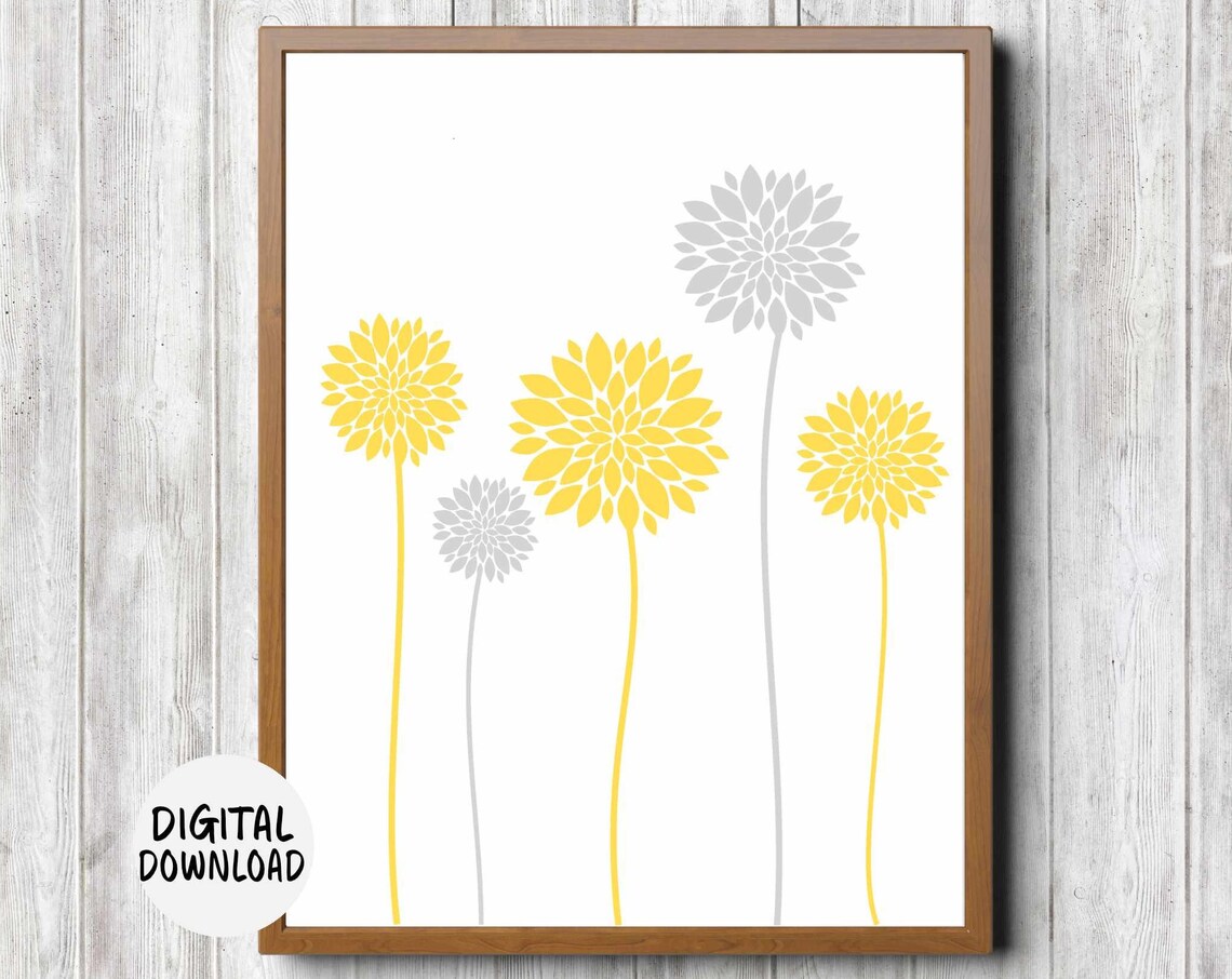 Dahlia Flower Art Print, Yellow Gray Floral Decor