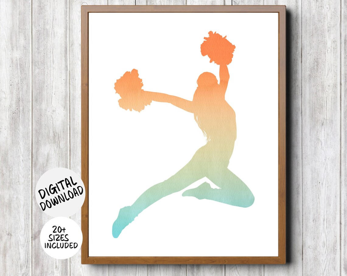 Cheerleader Leap Silhouette Orange Teal Watercolor Sports Poster