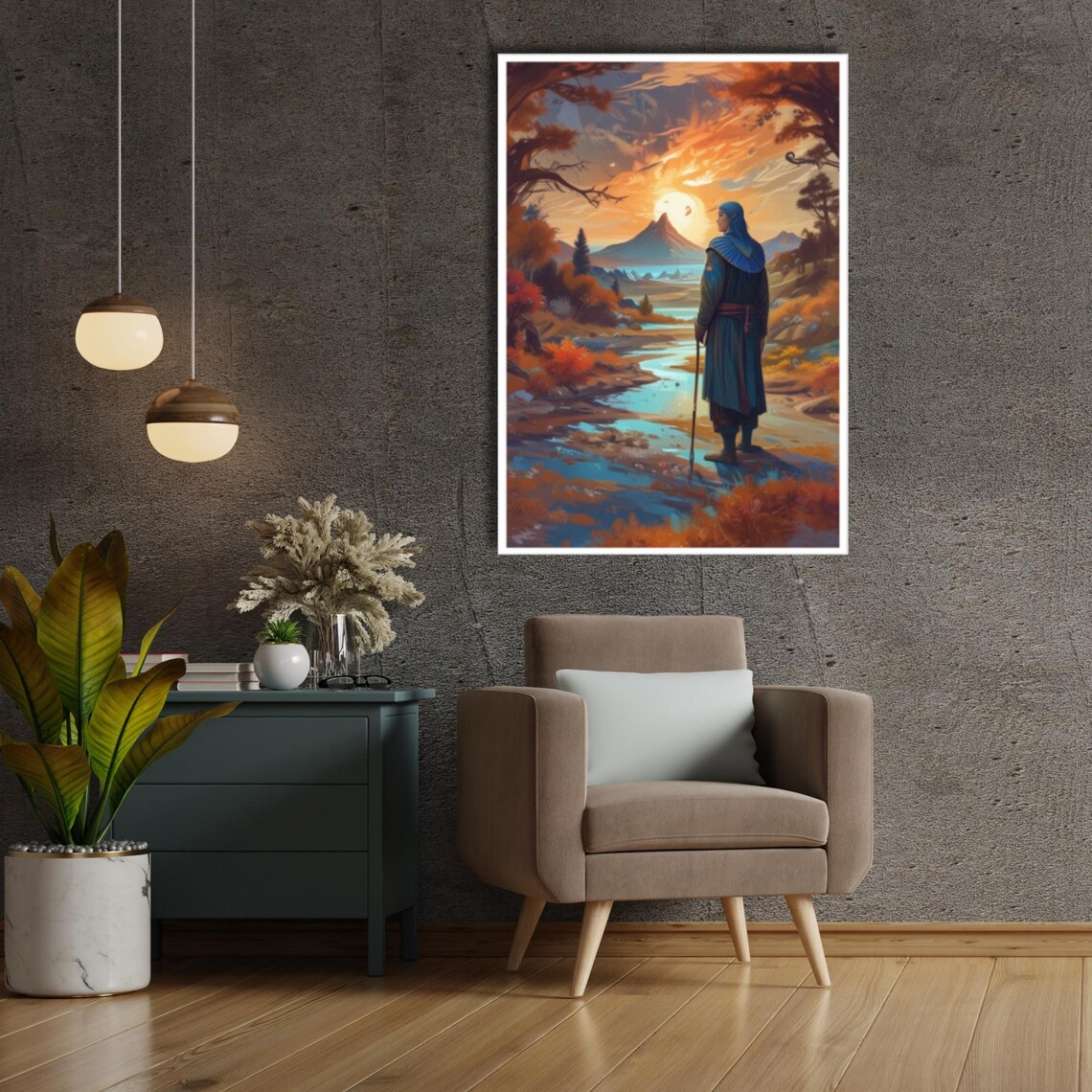 Mystical Fantasy Landscape Art Sunset Warrior Wall Decor Medieval Scenic Poster Framed Or Unframed Ready To Hang - Image 2