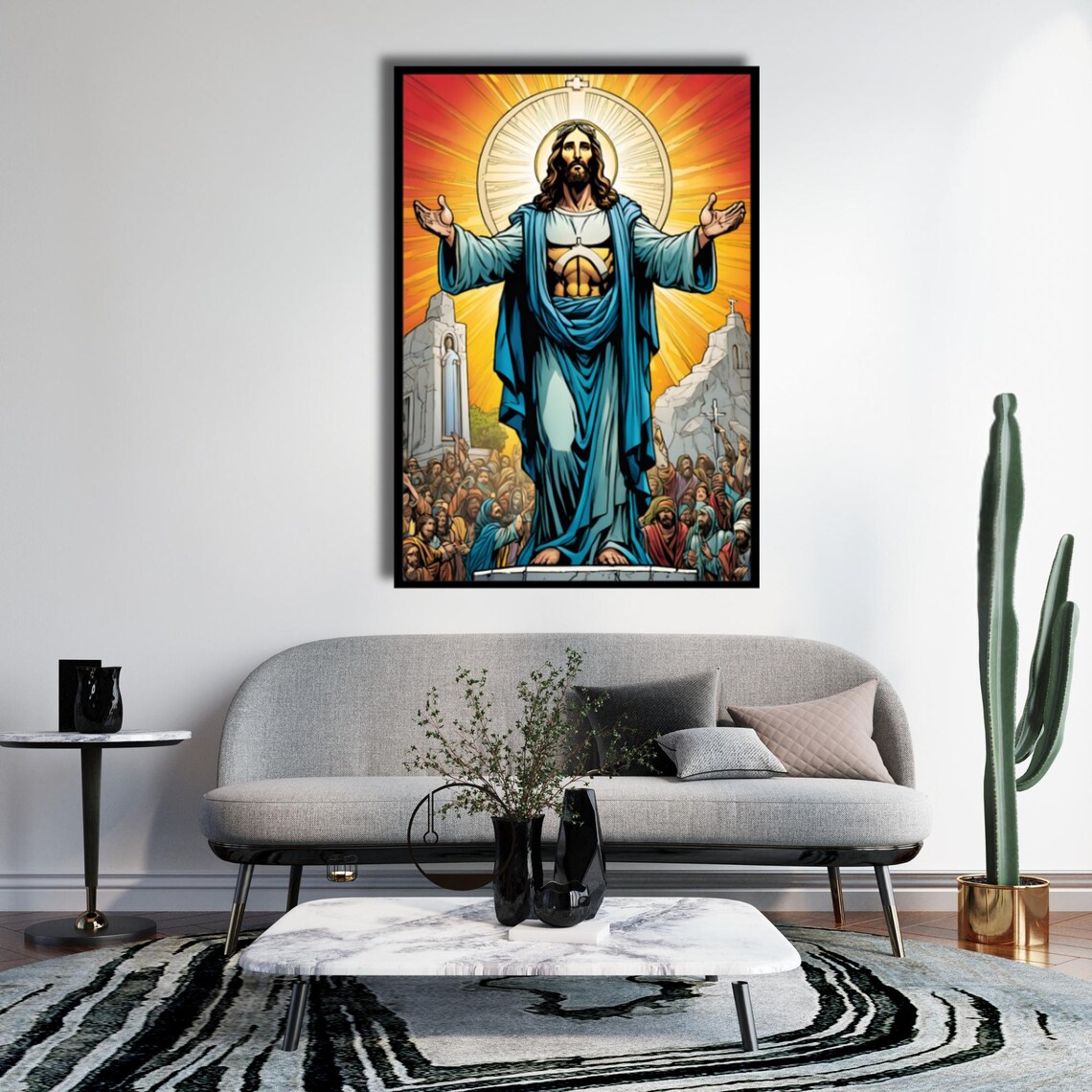 Jesus Christ Arms Outstretched Sunrise Crowd Religious Poster - Image 5