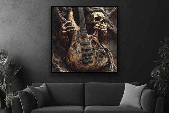 Dark Electric Guitar Entwined with Skeletal Hands and Skull Poster