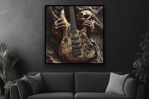Guitar Wall Art Skull Dark Theme Guitar Wall Decor Guitar Wall Print Vintage Guitar Poster Musician Gift Idea