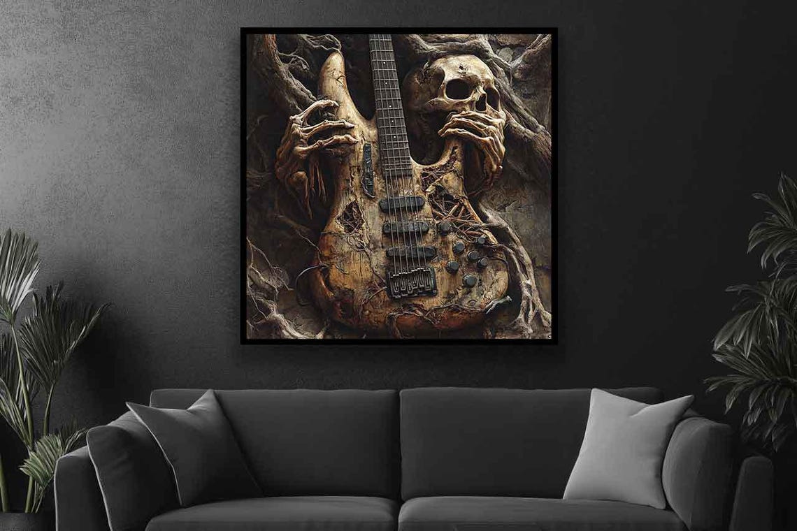 Guitar Wall Art Skull Dark Theme Guitar Wall Decor Guitar Wall Print Vintage Guitar Poster Musician Gift Idea