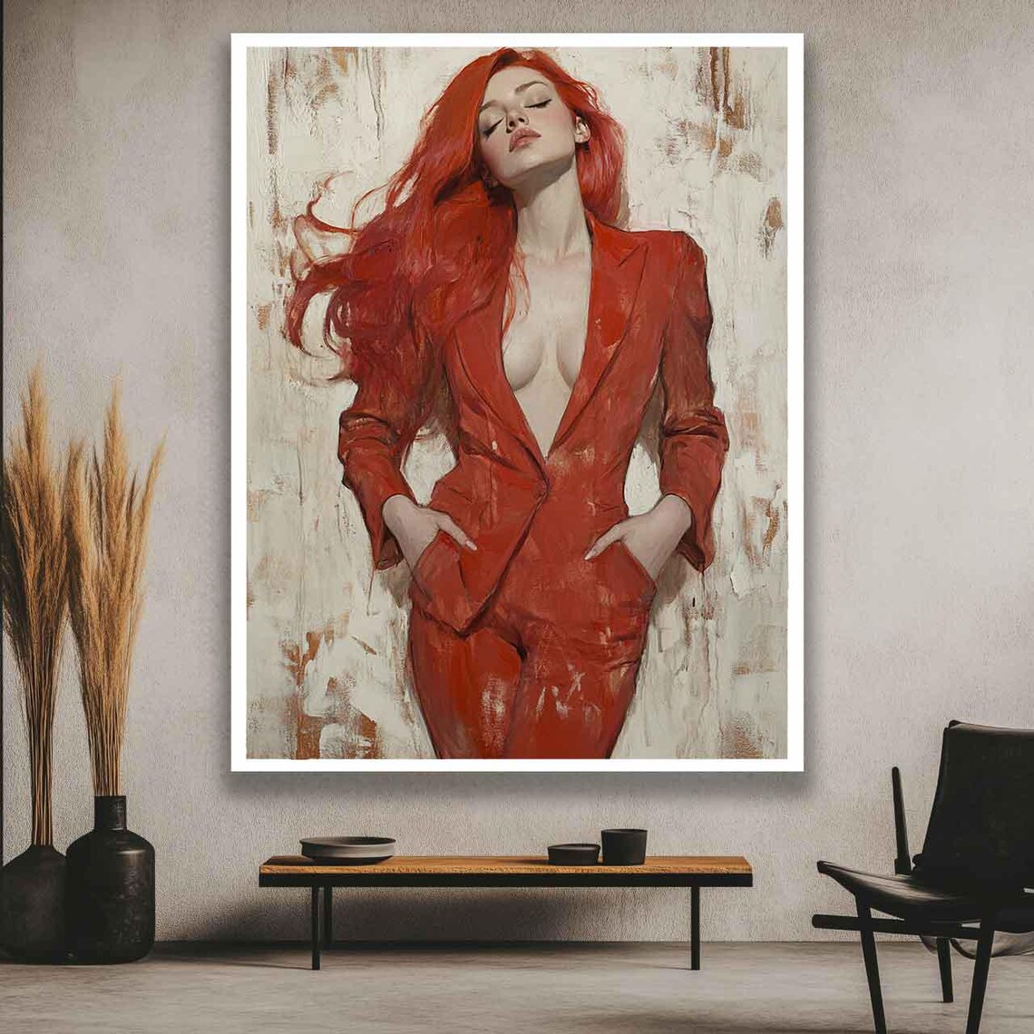 Red Haired Woman In Red Suit Confident Fashion Portrait Poster - Image 3