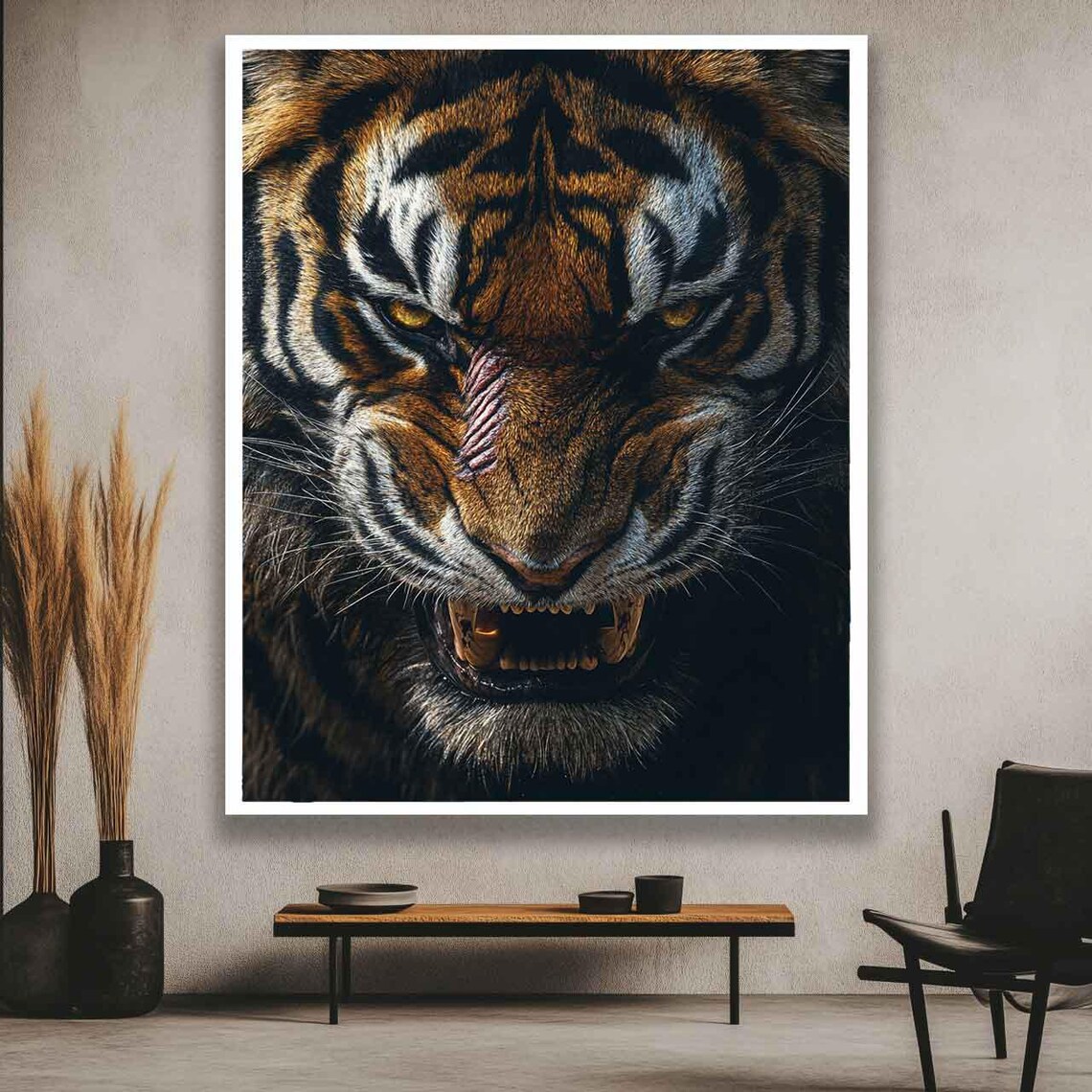 Scarred Fierce Tiger Face Close-Up Dramatic Wildlife Portrait Poster - Image 3