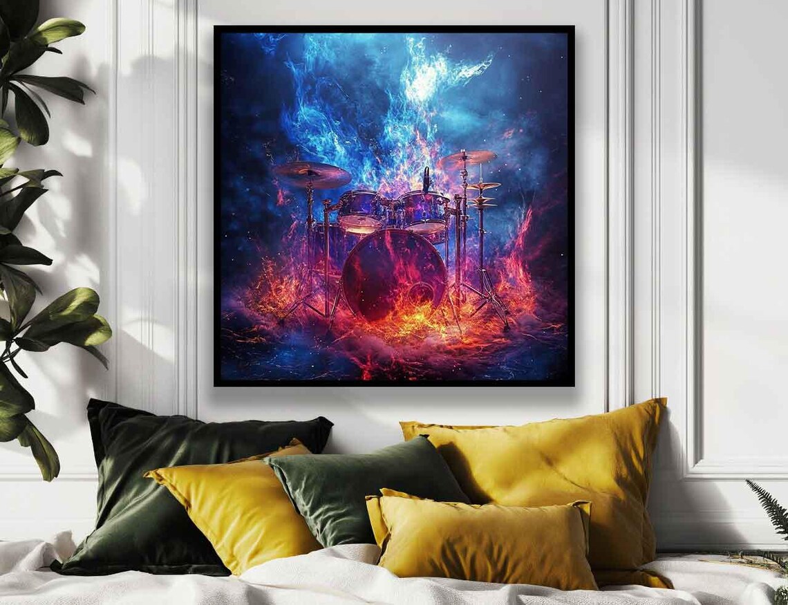 Drum Kit Engulfed in Swirling Flames Cosmic Fire Scene Poster