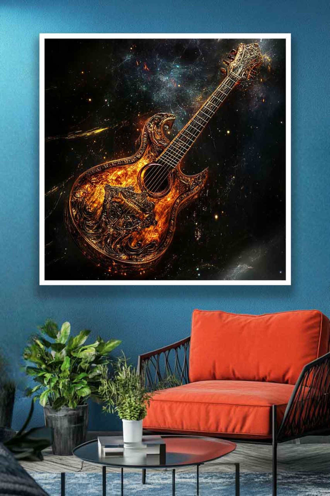 Golden Flaming Acoustic Guitar Against Cosmic Starry Sky Poster - Image 3