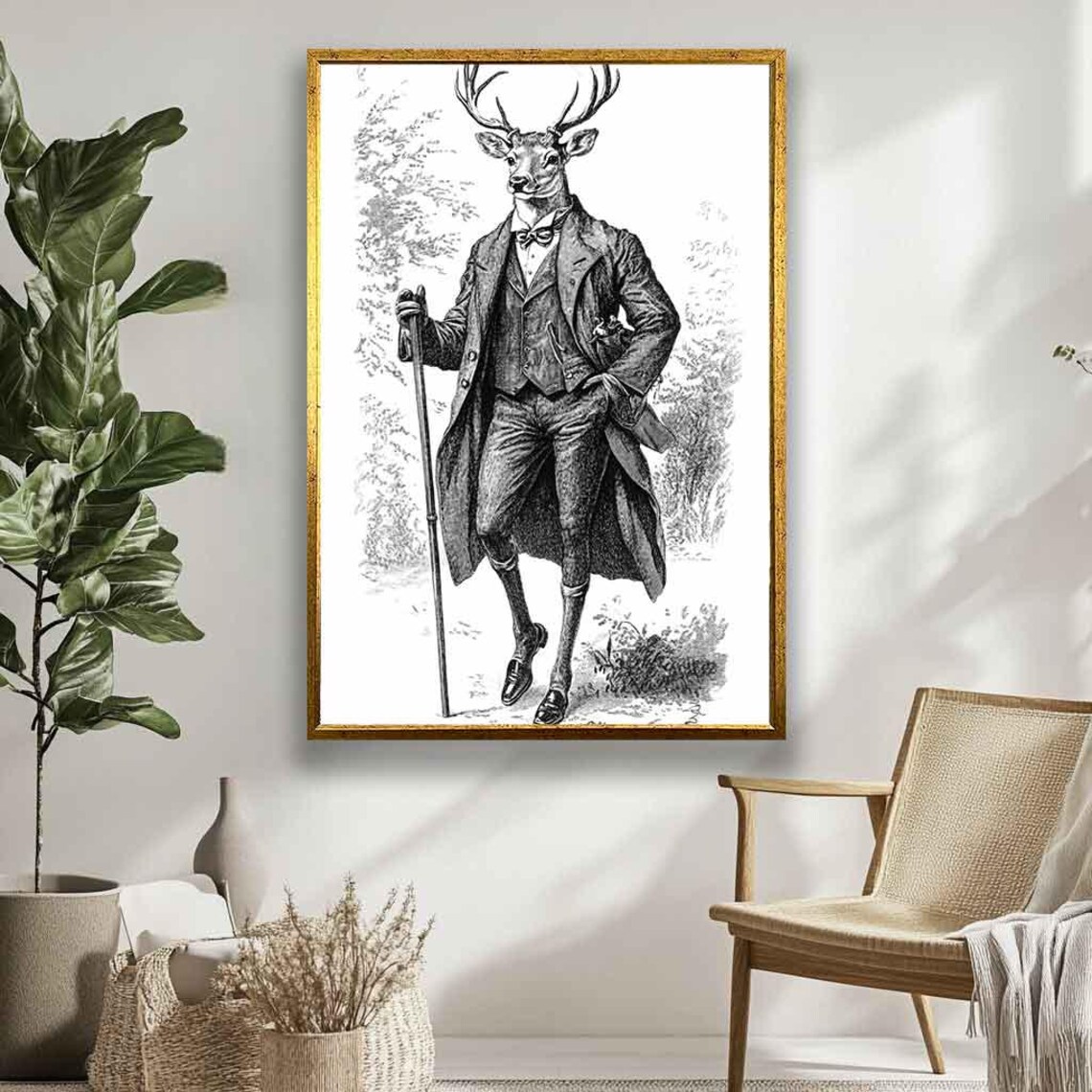 Deer Gentleman in a Victorian Suit Black and White Engraving Poster - Image 5