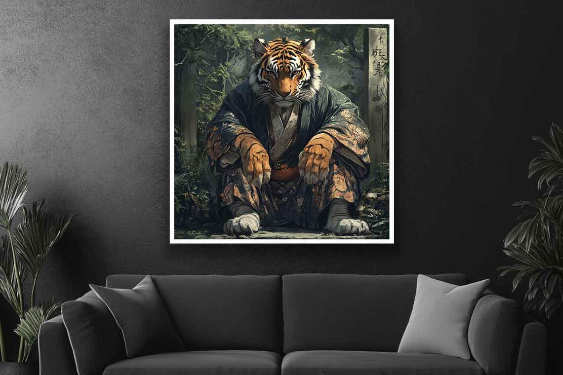 Regal Tiger in a Kimono Sitting Peacefully in a Forest Art Poster - Image 3