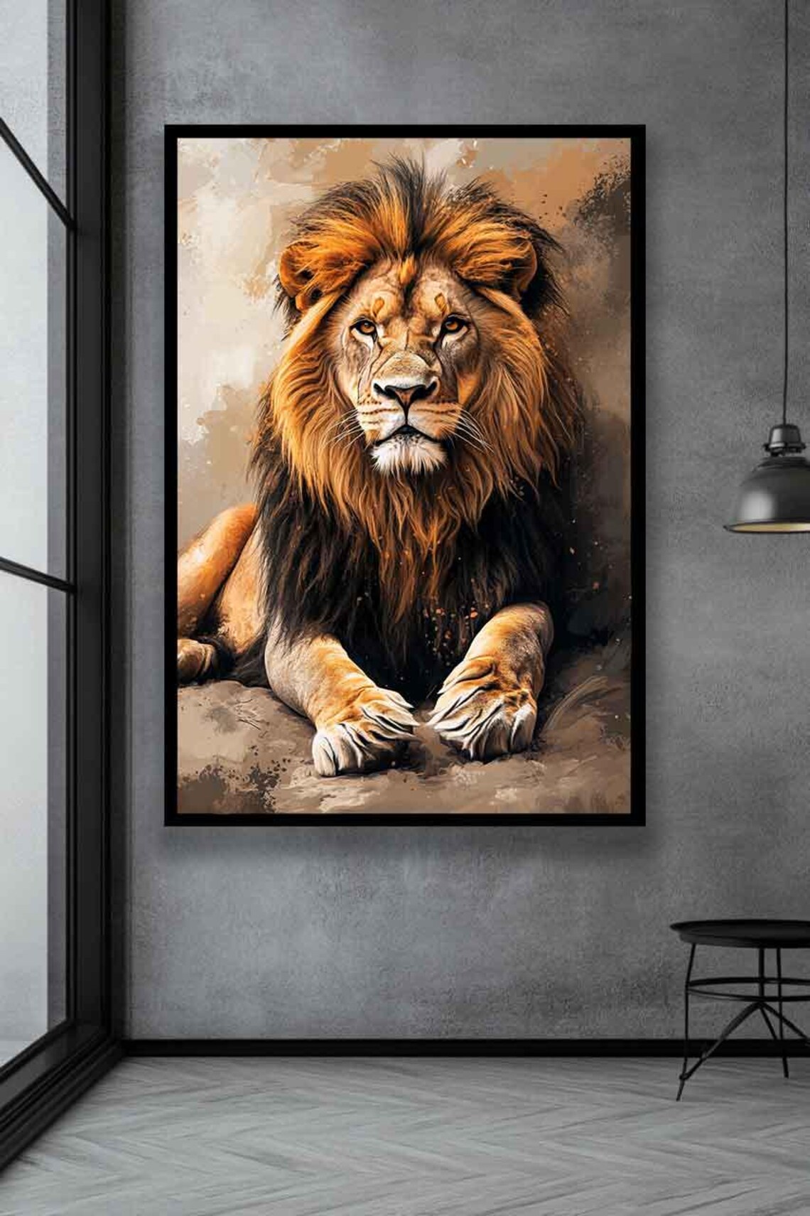 Resting Male Lion Portrait Warm Sepia Painterly Wildlife Art Poster - Image 2