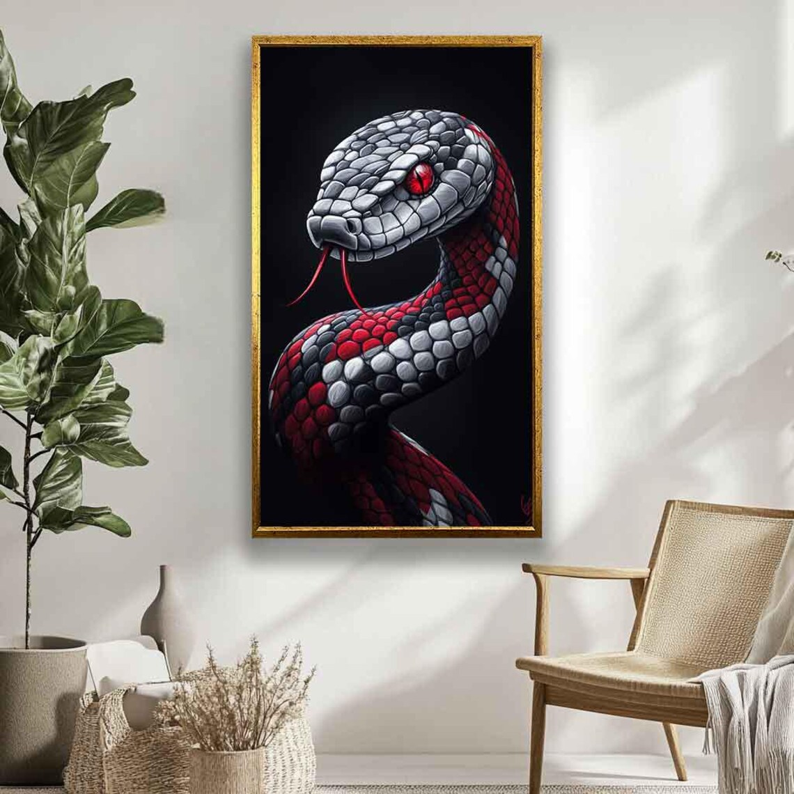 Red Eyed Black and Red Snake Coiled Portrait on Black Art Poster - Image 5