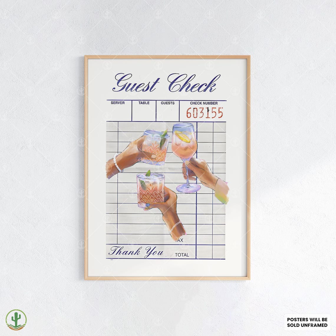 Guest Check Cocktail Toast Retro Poster for Bar Cart Wall Decor