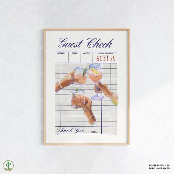 Guest Check Cocktail Toast Retro Poster for Bar Cart Wall Decor