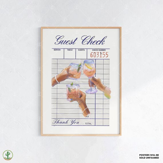 Guest Check Cocktail Wall Art Print Vintage Receiptinspired Cheers Illustration For Bar Kitchen Lounge Or Entertaining Decor