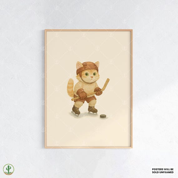 Ice Hockey Cat Poster Print Cute Orange Kitten In Skates With Stick And Puck Kids Sports Animal Wall Art Decor