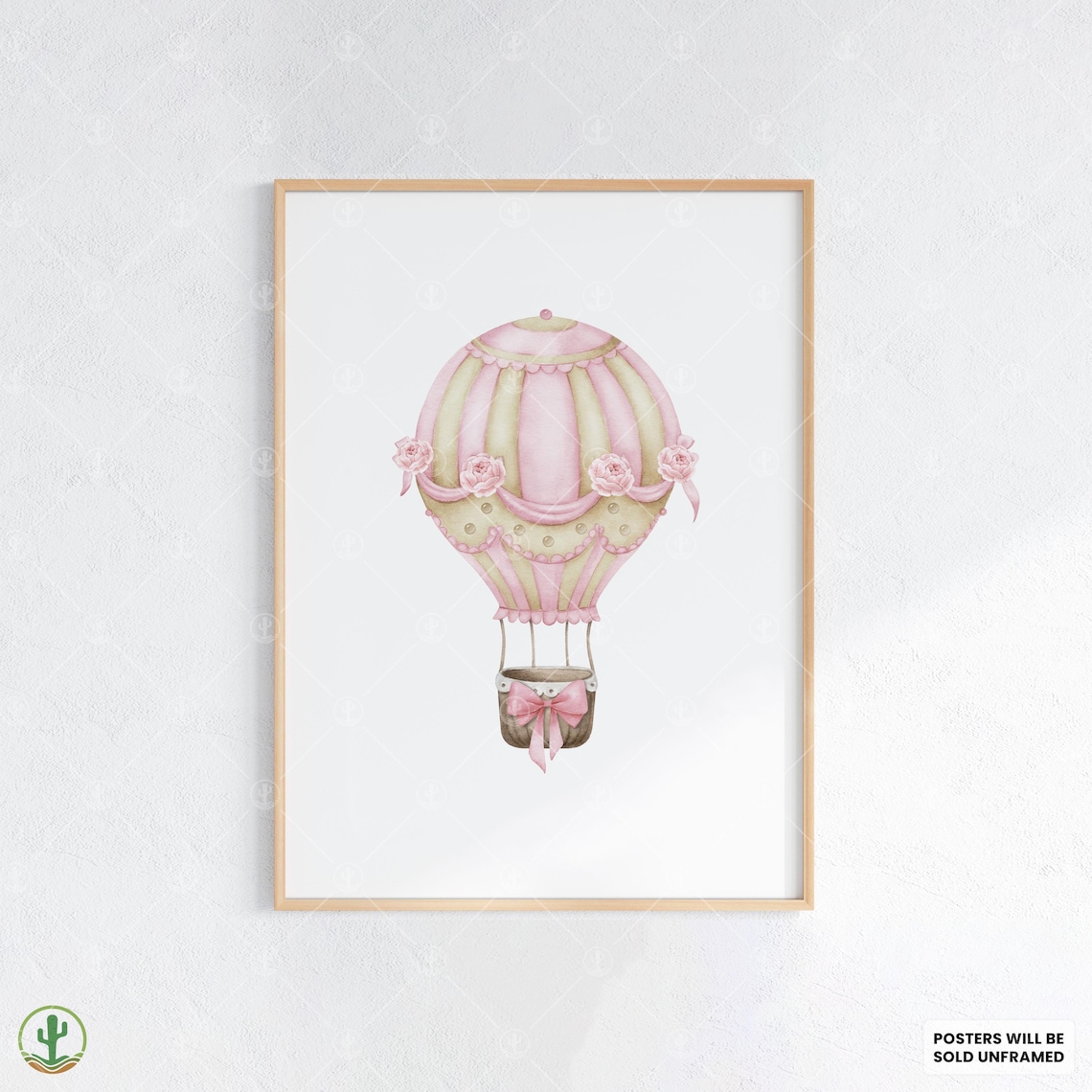 Pink Floral Hot Air Balloon Roses Bow Delicate Nursery Poster