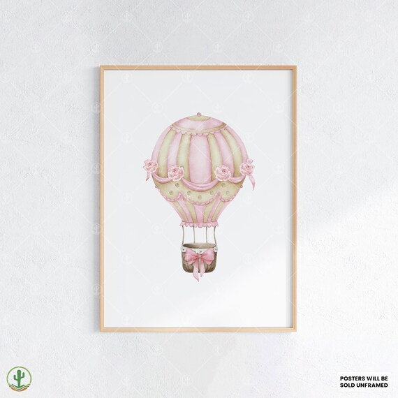 Pink Floral Hot Air Balloon Roses Bow Delicate Nursery Poster
