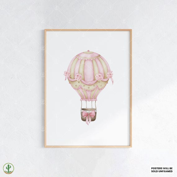 Pink Hot Air Balloon Print Nursery Wall Art Cute Baby Room Decor Animal Kids Poster