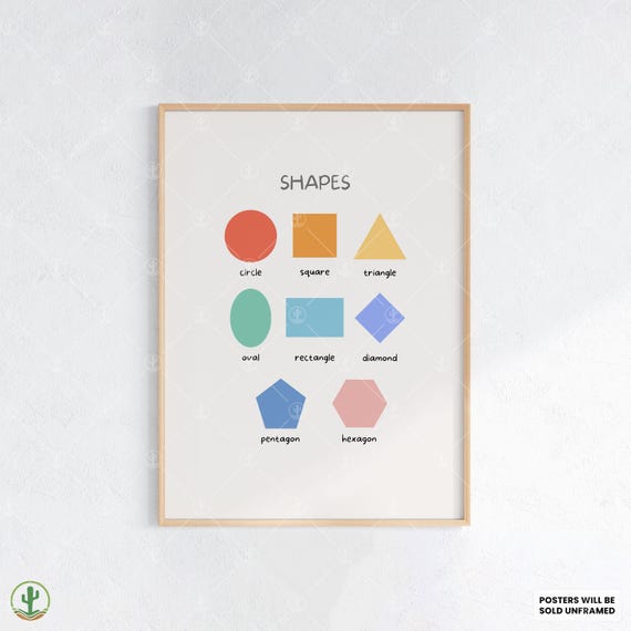 Basic Shapes Learning Poster Nursery Wall Art Print Cute Baby Room Decor Animal Kids