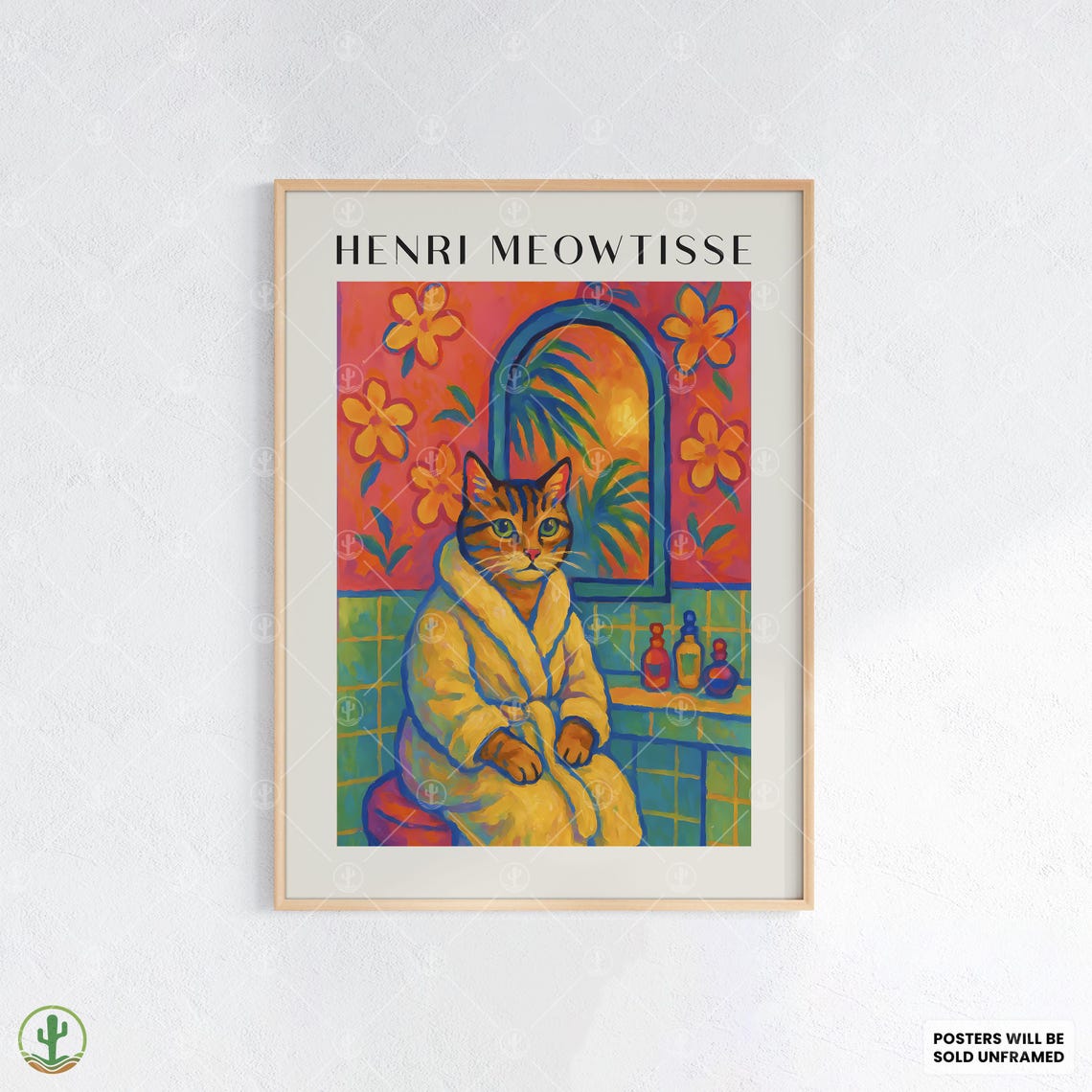 Henri Meowtisse Cat in Bathrobe Tropical Bathroom Mirror Scene Poster