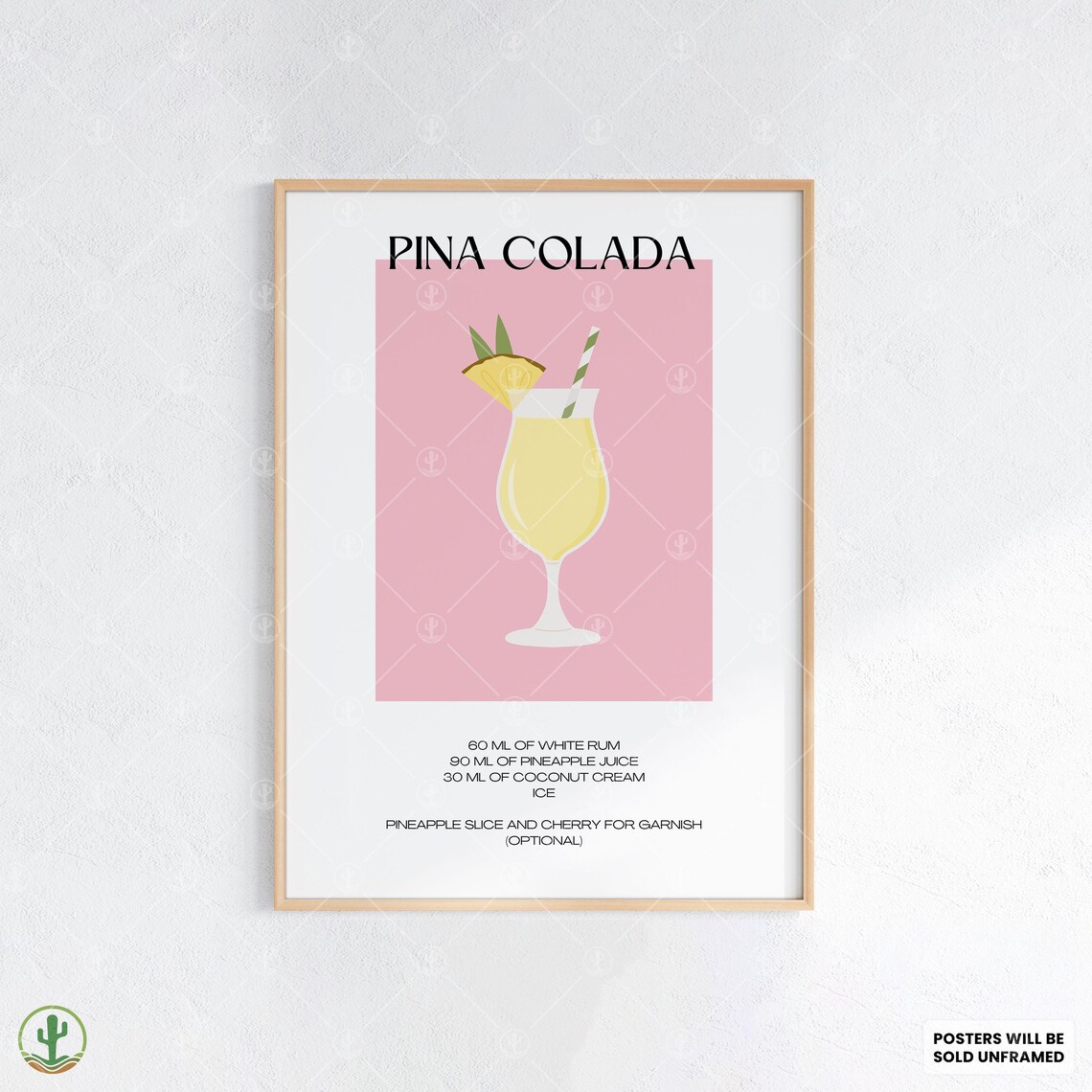 Pina Colada Cocktail Recipe Poster Tropical Pineapple Coconut Drink Decor