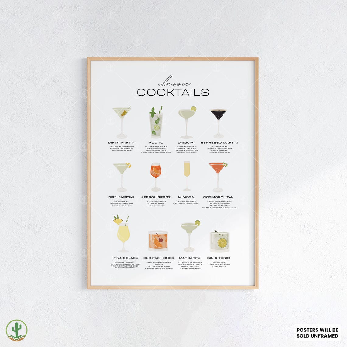 Classic Cocktails Recipe Chart 12 Drinks Illustrated Bar Guide Poster