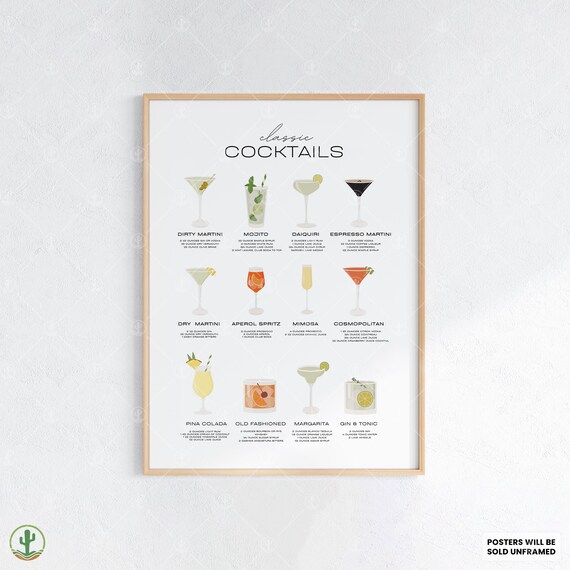 Classic Cocktails Recipe Chart 12 Drinks Illustrated Bar Guide Poster