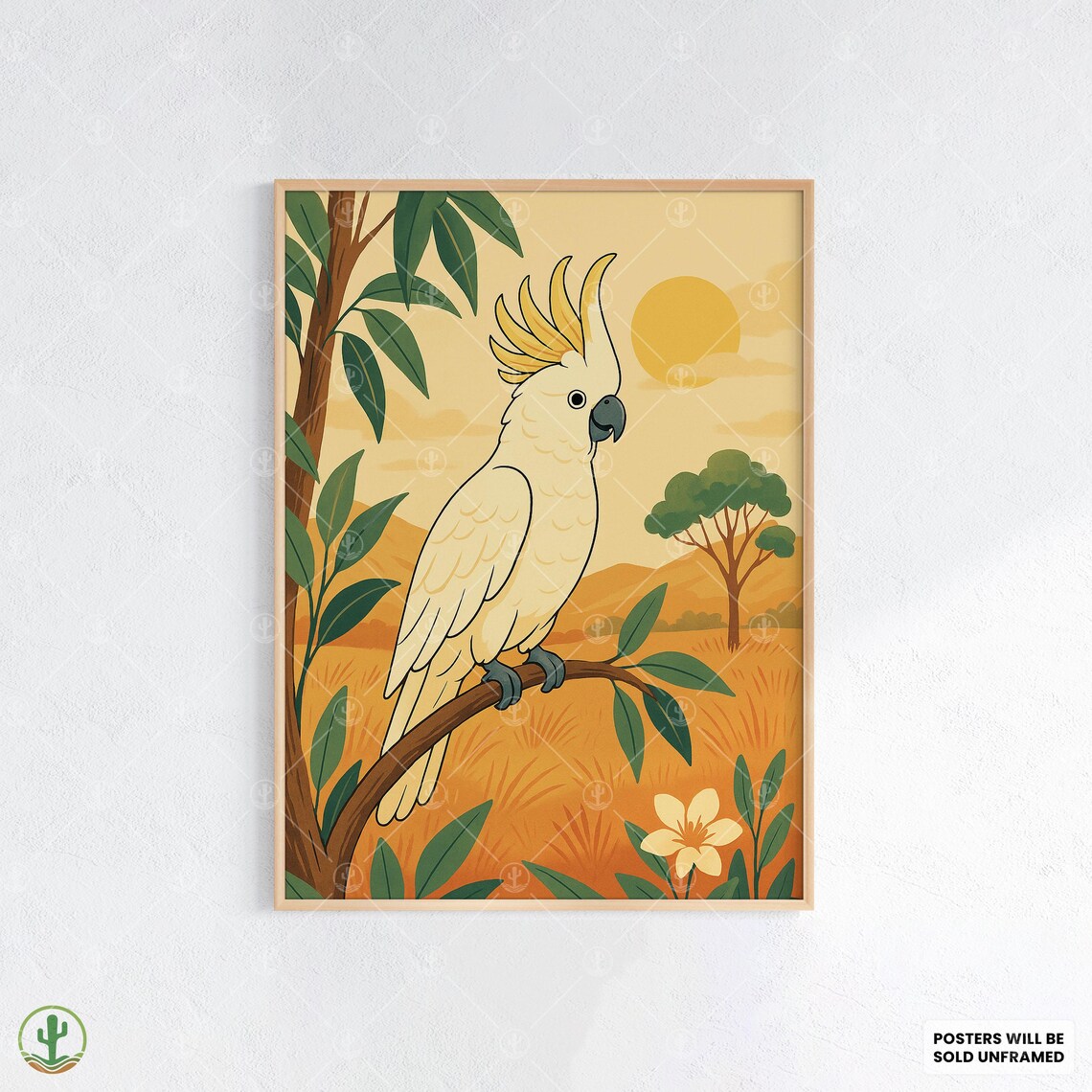Sulphur Crested Cockatoo Sunset Savanna Illustrated Bird Poster