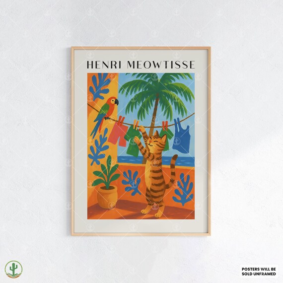 Henri Meowtisse Cat Hanging Laundry Tropical Parrot Funny Poster